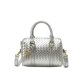 Silver hand-woven Boston bag with metallic texture, double handles, and shoulder strap - Silver