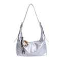 Silver metallic hobo shoulder bag with a sporty baseball theme decorative pendant - With Pendant / Silver