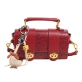 Red ostrich leather shoulder bag with gold buckles and cute goose accessory - No Pendant / Red
