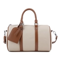 Beige and brown contrast bowling bag with pebbled faux leather and shoulder strap - White