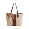 Damen Strand-Tote-Tasche aus beigem Canvas mit braunem Lederbesatz und Paisley-Seidentuch - Braun
