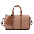 Brown litchi grain leather Boston handbag with silver hardware and top handles - Light Khaki