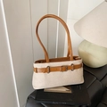 Retro contrast canvas underarm bag in beige with brown leather belt and silver buckle - Brown