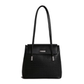Black woven texture shoulder bag with silver hardware and sleek trapezoid crossbody design - Black