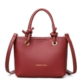Minimalist burgundy litchi leather tote bag with knotted handles and gold lettering - Burgundy