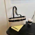 Retro canvas underarm bag in beige and black contrast with elegant leather belt strap - Black