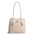 Chic beige woven shoulder bag with silver bead hardware and smooth flap cover - White