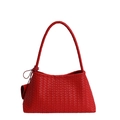 Handwoven red bucket bag with Intrecciato texture and knotted shoulder strap detail - Red
