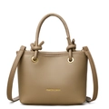 Taupe lychee texture crossbody bag with knotted handle and gold fashion lettering - Khaki
