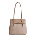 Beige woven texture crossbody bag with silver hardware and smooth leather flap detail - Beige