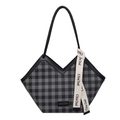 Grande borsa a spalla con motivo a quadretti grigi e manici in pelle nera da donna - Nero