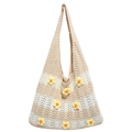 Handmade crochet tote bag with 3D floral accents and beige striped knit for beach vacations - Beige