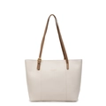 Elegante bolso tote de cuero beige con correas marrones y logo dorado para uso diario - Blanco Roto