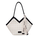 Elegante borsa tote a quadretti beige e marrone con manici in pelle e nastro decorativo - Bianco Sporco