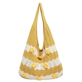 Knit tote bag with yellow and white stripes and 3D floral accents for beach vacations - Yellow
