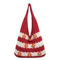 Handmade red and white striped knit tote bag with 3D orange floral accents and long strap - Red