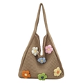 Handmade khaki knit tote bag with colorful 3D floral embroidery and matching strap - Khaki