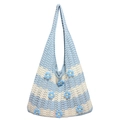 Blue and white crochet tote bag with 3D floral accents for summer beach vacations - Blue