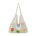 Chic cream knit tote bag with vibrant 3D crochet flowers and textured handle - Off White