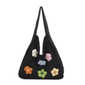 Large capacity black knit tote bag with colorful crochet flower patterns for summer holidays - Black