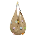 Handgefertigte Häkeltasche mit bunten 3D-Strickblumen in hellem Beige-Finish - Khaki