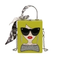 Green box bag with cartoon girl portrait and scarf-wrapped metal handle for summer style - Green