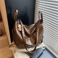 Minimalist large dark brown glossy PU leather tote bag with cute rabbit pendant detail - Brown