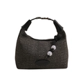 Minimalist woven dumpling bag in dark grey and beige with black top handle and silver buckle - Black