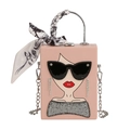 Pink box bag with cartoon face, silk scarf handle and silver chain strap - Pink