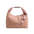 Summer pink woven shoulder bag with leather handle and decorative bead charms - Pink