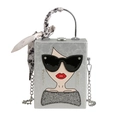 Silver hard shell handbag with art portrait design and silk scarf wrapped handle - Silver
