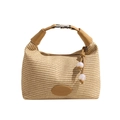Straw hobo handbag in beige weave with brown leather handles and bead charm - Yellow