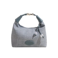 Handwoven blue and white crescent hobo bag with blue leather handle and metal buckle - Blue