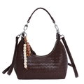 Brown woven leather shoulder bag with wooden bead charm and silver hardware - Brown
