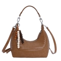 Brown woven hobo bag in PU leather with bead tassel and silver hardware detail - Khaki