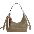 Olive green woven crescent shoulder bag with bohemian beaded tassel and adjustable strap - Green
