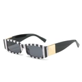 Retro rectangle sunglasses with black and white striped frames and gold metal accents - Zebra Frame Grey Lens