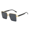 Square gold metal sunglasses with checkered texture and dark grey lenses in side view - Gold Frame Grey Lens
