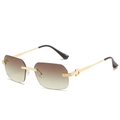 Frameless sunglasses with gradient brown lenses and gold C-shaped metal hinge accents - Gold Frame Gradient Tea Lens