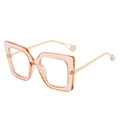 Square peach resin frame glasses with gold metal temples and pearl ends - Brown Frame