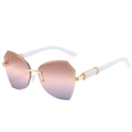 Fashionable rimless polygon sunglasses with gradient pink-purple lenses and gold metal arms - Gold Frame Tea Pink Grey Lens
