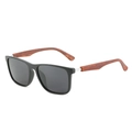 Polarized retro rectangular sunglasses with black frames and brown wood grain temples - Matte Black Frame Black Lens Brown Wood Temples