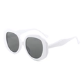Modern white thick frame sunglasses with dark lenses and wavy temples on white background - White Frame Gray Lens