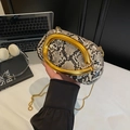 Chic snake-print evening box bag with golden U-shaped handle and sleek chain strap - Black and White Snake (2)