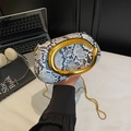 Snake pattern box clutch with a C-shaped gold handle and a detachable chain strap - Beige Snake (6)