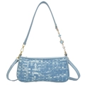 Light blue woven baguette bag with checkerboard pattern and gold pearl charm chain - Blue