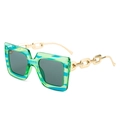 Green striped oversized square sunglasses with gold chain temples and grey lenses - Green Stripe Frame Grey Lens