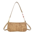 Classic tan woven leather shoulder bag with floral chain and pearl charm detail - Khaki
