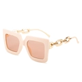 Square beige sunglasses with light brown lenses and gold chain link metal temples - Pink Frame / Pink Lens