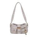 Retro hellgraue Denim-Schultertasche mit floralem Jacquardmuster und Sternnieten - Grau